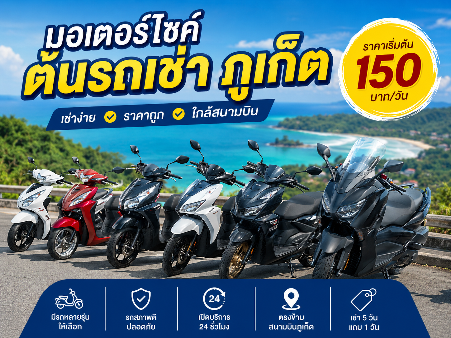 รถมอเตอร์ไซค์ให้เช่าภูเก็ตจากต้นรถเช่า ราคาเริ่มต้น 150 บาทต่อวัน ใกล้สนามบินภูเก็ต