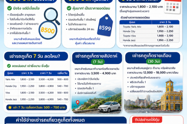 อินโฟกราฟิกราคารถเช่าภูเก็ตปี 2026 แสดงราคาเช่ารถรายวัน รายสัปดาห์ รายเดือน ค่าใช้จ่ายโดยประมาณ และข้อมูลเปรียบเทียบแพ็กเกจเช่ารถสำหรับนักท่องเที่ยว