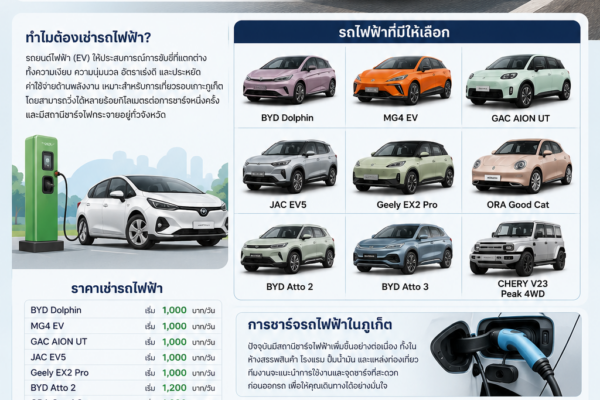 ต้นรถเช่ารถไฟฟ้าภูเก็ต ให้บริการเช่ารถ EV หลากหลายรุ่น ราคาเริ่มต้น 1,000 บาทต่อวัน รับส่งสนามบินภูเก็ต 24 ชั่วโมง