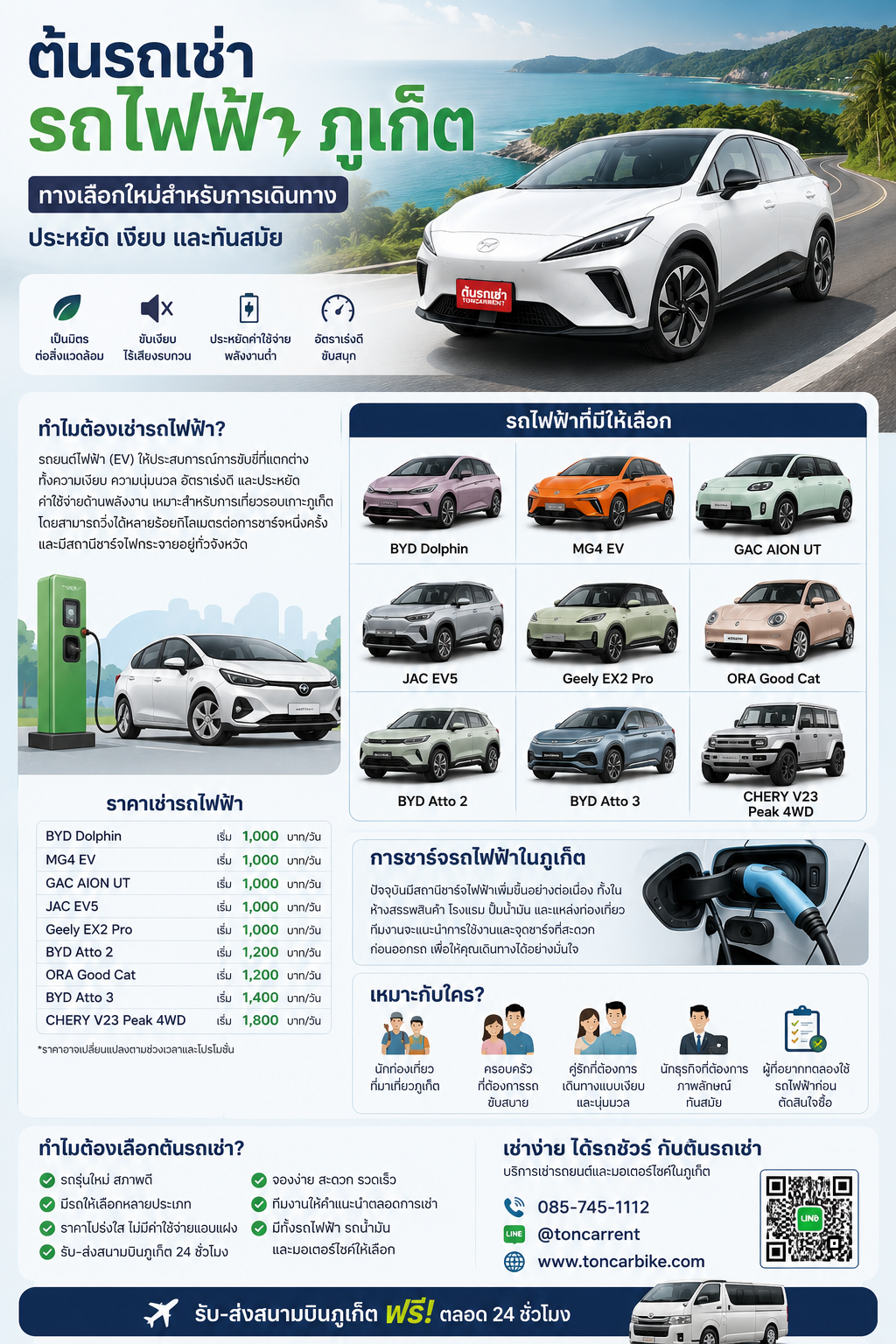 ต้นรถเช่ารถไฟฟ้าภูเก็ต ให้บริการเช่ารถ EV หลากหลายรุ่น ราคาเริ่มต้น 1,000 บาทต่อวัน รับส่งสนามบินภูเก็ต 24 ชั่วโมง