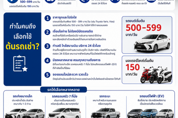 อินโฟกราฟิกต้นรถเช่าภูเก็ต แนะนำข้อดีของการเช่ารถ ราคาประหยัด เริ่มต้น 500–599 บาทต่อวัน พร้อมบริการรับส่งสนามบินภูเก็ต 24 ชั่วโมง