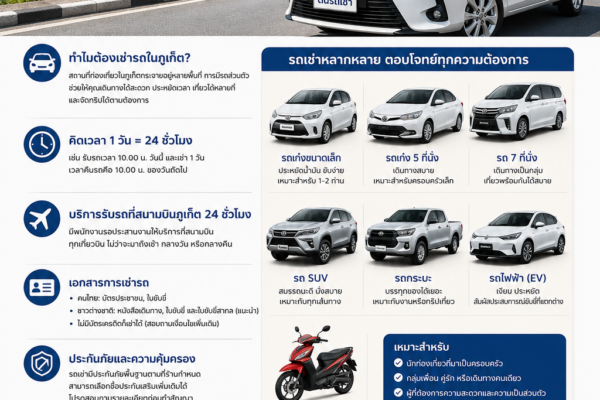 ต้นรถเช่าภูเก็ต รถเช่าราคาคุ้มค่า มีรถยนต์ รถไฟฟ้า และมอเตอร์ไซค์ พร้อมบริการรับรถสนามบินภูเก็ตตลอด 24 ชั่วโมง