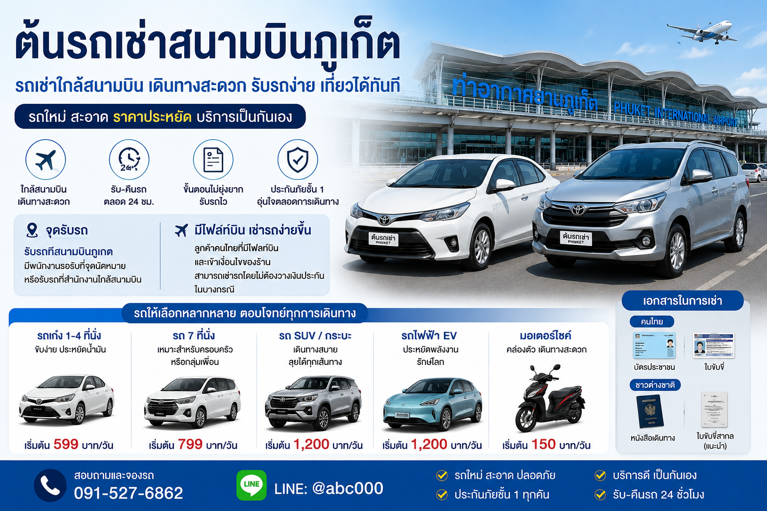 ต้นรถเช่าสนามบินภูเก็ต รถเช่าใกล้สนามบิน มีรถยนต์ รถ 7 ที่นั่ง รถไฟฟ้า และมอเตอร์ไซค์ให้เลือก ชื่อภาพ: