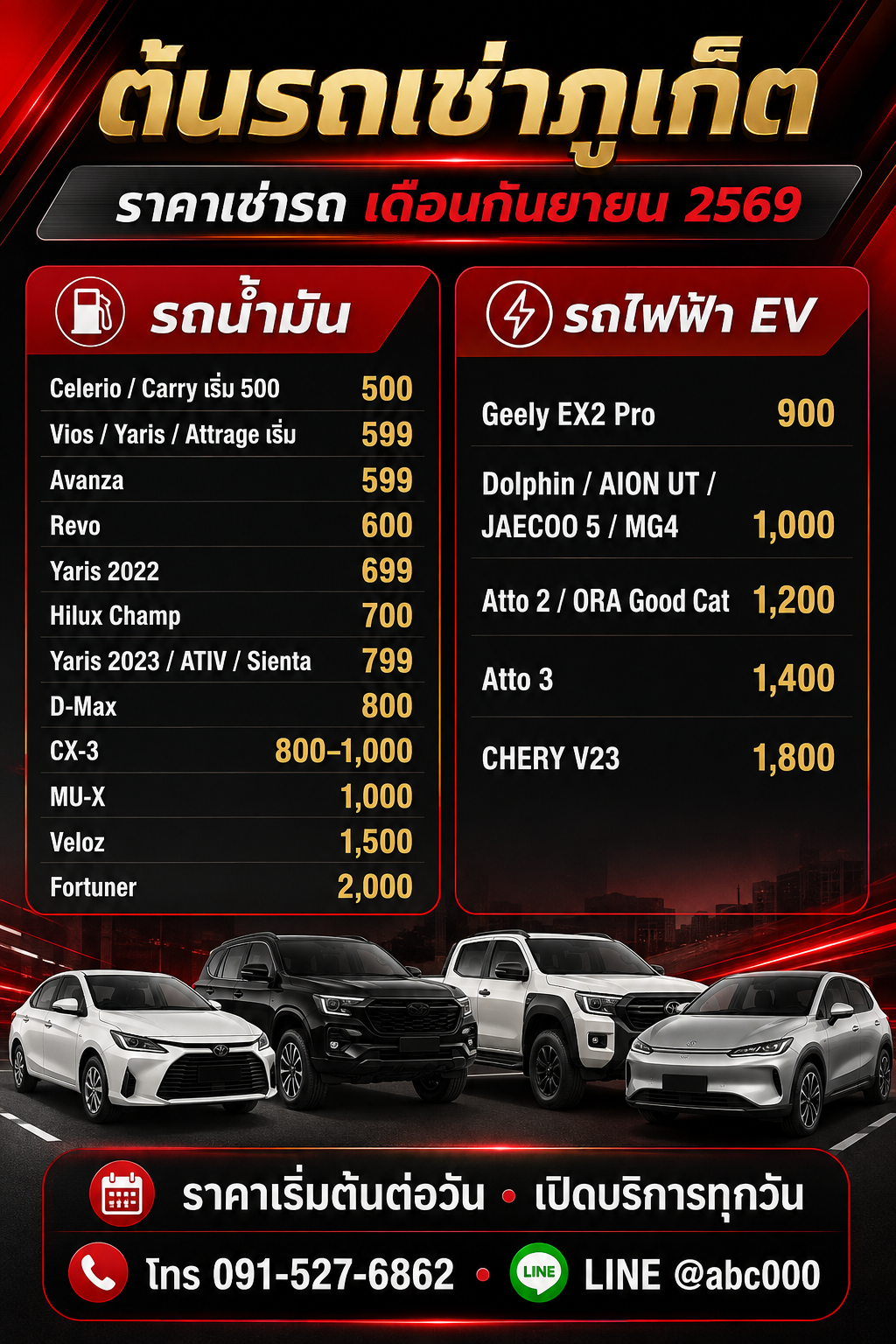 ตารางราคาเช่ารถต้นรถเช่าภูเก็ต เดือนกันยายน 2569 รถน้ำมันเริ่ม 500 บาทต่อวัน และรถไฟฟ้าเริ่ม 900 บาทต่อวัน ชื่อภาพ: