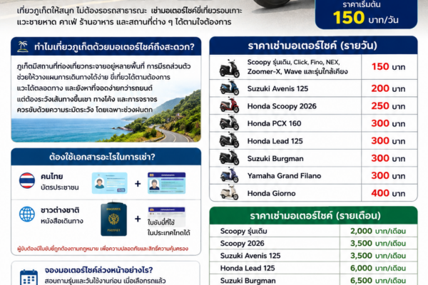 เช่ามอเตอร์ไซค์ภูเก็ต ต้นรถเช่าภูเก็ต ราคาเริ่มต้น 150 บาทต่อวัน มีรถหลายรุ่นให้เลือก ใกล้สนามบินภูเก็ต