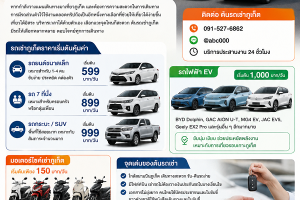 ต้นรถเช่าภูเก็ต รถเช่าราคาคุ้ม ใกล้สนามบิน มีรถยนต์ รถไฟฟ้า EV และมอเตอร์ไซค์ให้เช่า พร้อมบริการ 24 ชั่วโมง ชื่อรูปภาพ