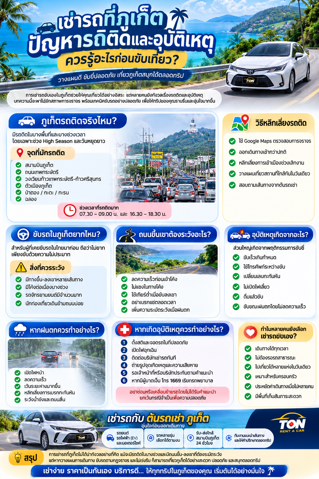 อินโฟกราฟิกแนะนำการเช่ารถในภูเก็ต อธิบายปัญหารถติด จุดเสี่ยงอุบัติเหตุ วิธีขับรถอย่างปลอดภัย และข้อควรรู้ก่อนเดินทาง พร้อมภาพรถยนต์ ถนนเลียบทะเล และคำแนะนำสำหรับนักท่องเที่ยว