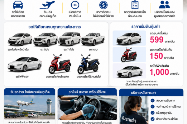 ต้นรถเช่าภูเก็ต บริการรถเช่าภูเก็ต รถยนต์ มอเตอร์ไซค์ และรถไฟฟ้า (EV) เริ่มเพียง 599 บาท/วัน รับ-ส่งสนามบินภูเก็ต เปิดบริการ 24 ชั่วโมง จองง่าย รถใหม่ สะอาด พร้อมใช้งาน