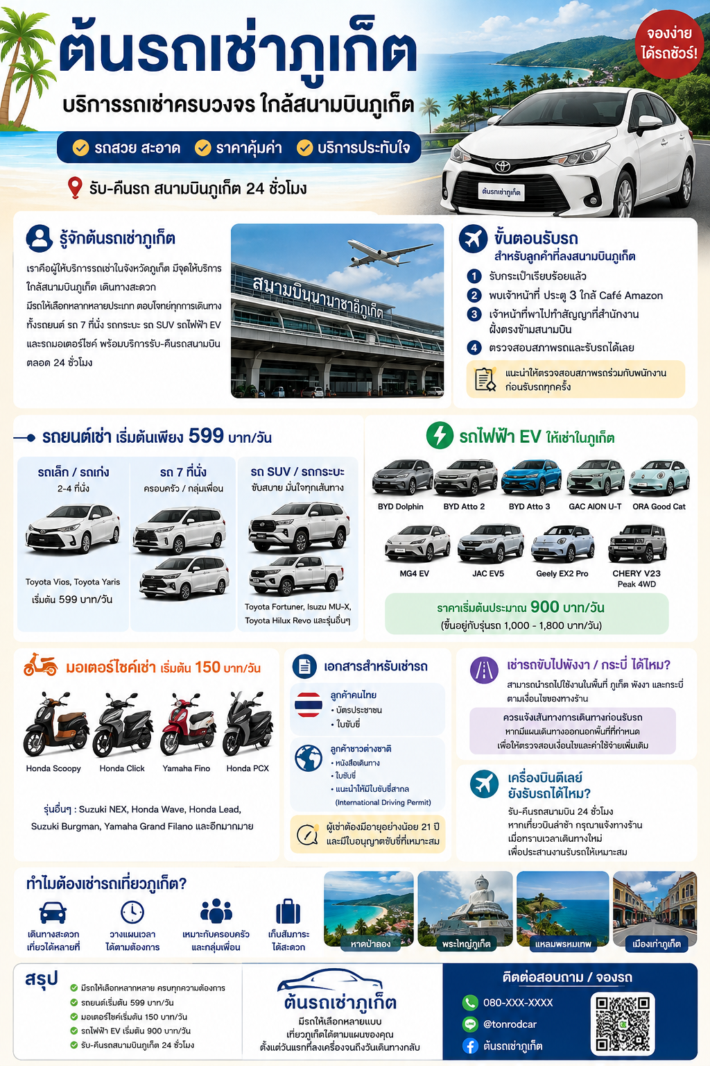 ต้นรถเช่าภูเก็ต บริการรถยนต์ มอเตอร์ไซค์ และรถไฟฟ้า EV ใกล้สนามบินภูเก็ต รับ-คืนรถสนามบิน 24 ชั่วโมง
