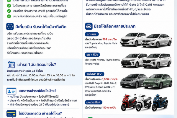 ต้นรถเช่าสนามบินภูเก็ต บริการรถเช่าใกล้สนามบิน มีรถยนต์ รถไฟฟ้า รถ 7 ที่นั่ง และมอเตอร์ไซค์