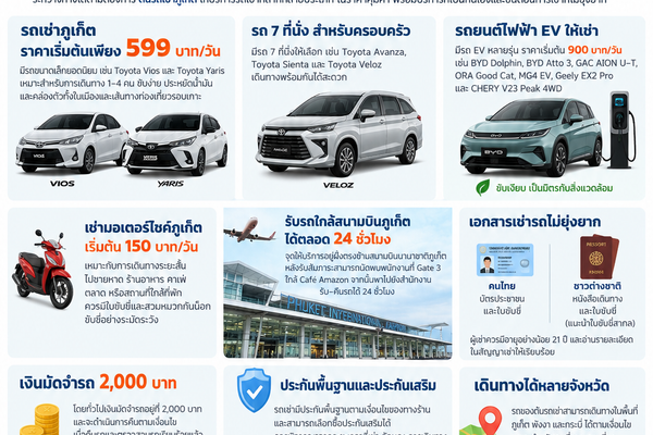 ต้นรถเช่าภูเก็ต บริการรถเช่าราคาคุ้ม รถยนต์เริ่ม 599 บาท/วัน มอเตอร์ไซค์เริ่ม 150 บาท/วัน มีรถ EV และรถ 7 ที่นั่ง รับ–ส่งสนามบินภูเก็ต 24 ชั่วโมง