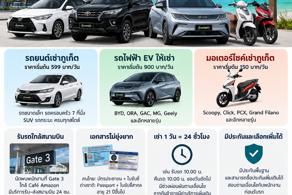 ต้นรถเช่าภูเก็ต รถเช่าใกล้สนามบิน เริ่ม 599 บาท/วัน