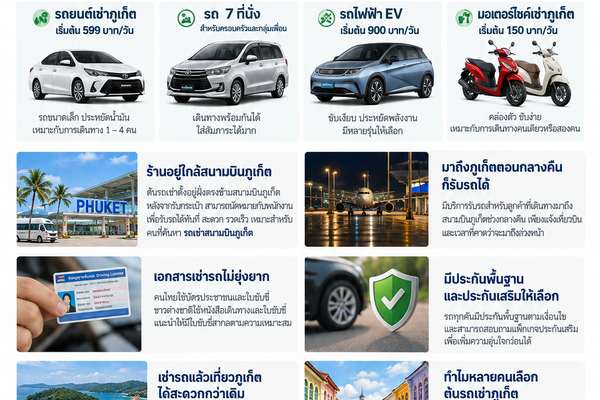 ต้นรถเช่าภูเก็ต รถเช่าราคาคุ้มใกล้สนามบิน มีรถยนต์ รถ 7 ที่นั่ง รถไฟฟ้า EV และมอเตอร์ไซค์ให้เช่า