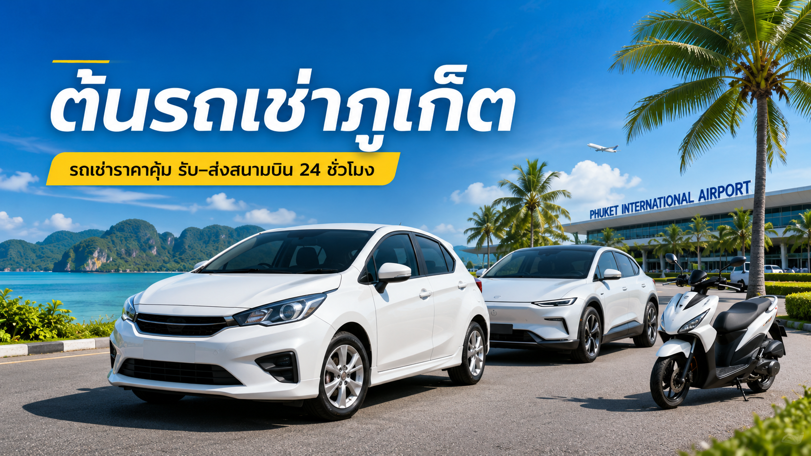 รถยนต์ รถยนต์ไฟฟ้า และรถมอเตอร์ไซค์ของต้นรถเช่าภูเก็ต ใกล้สนามบินภูเก็ต