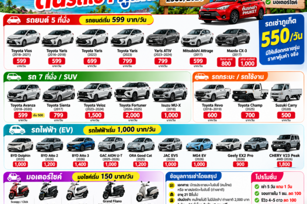 : อัปเดตรุ่นรถและราคา ต้นรถเช่า ภูเก็ต ตุลาคม 2569 2026