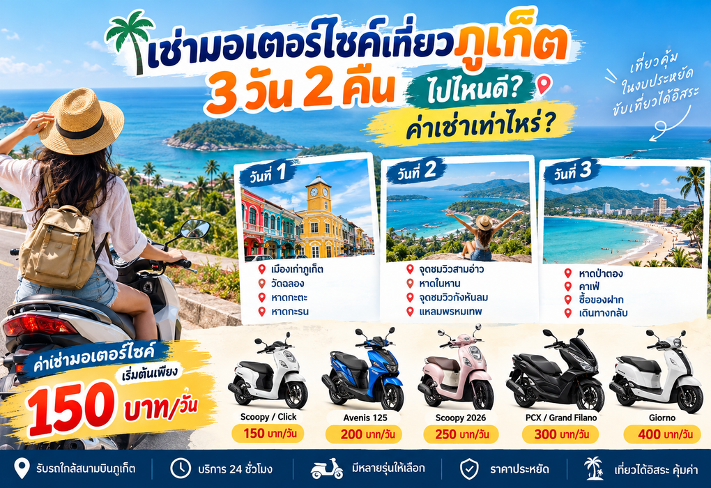 ภาพแนะนำเช่ามอเตอร์ไซค์เที่ยวภูเก็ต 3 วัน 2 คืน กับต้นรถเช่าภูเก็ต พร้อมเส้นทางเที่ยวเมืองเก่า หาดกะตะ แหลมพรหมเทพ และราคาเช่าเริ่มต้น 150 บาทต่อวัน