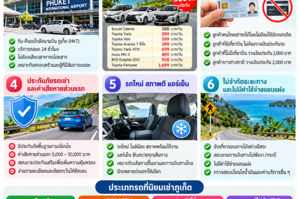 อินโฟกราฟิกรถเช่าภูเก็ต แนะนำ 6 สิ่งสำคัญก่อนเช่ารถ เช่น รับรถสนามบินภูเก็ต ราคาเริ่มต้น 500 บาทต่อวัน เงื่อนไขมัดจำ ประกันภัย สภาพรถ และประเภทรถยอดนิยม